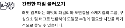 간편한 파일 불러오기 : 래빗 임포터는 래빗의 패밀리와 도면층을 스케치업의 그룹, 구성요소 및 태그로 변환하여 모델링 수정에 필요한 시간을 획기적으로 줄일 수 있습니다. 